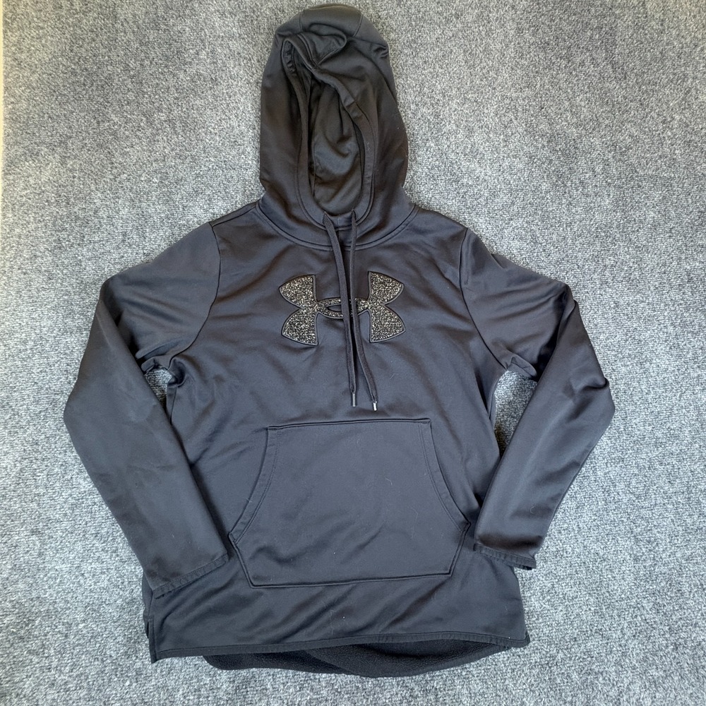 Under Armour Hoodie Women Large Black Chenille Logo Fleece Lined Kangaroo Pocket